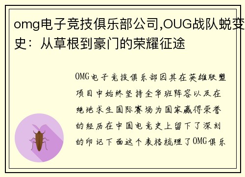 omg电子竞技俱乐部公司,OUG战队蜕变史：从草根到豪门的荣耀征途